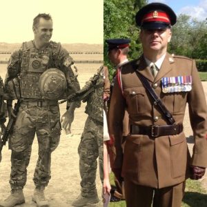 Split image shows a soldier in two settings: left, in sepia tone, wearing camouflage gear and holding a helmet; right, in full color, dressed in formal military uniform adorned with medals, against a background of greenery.